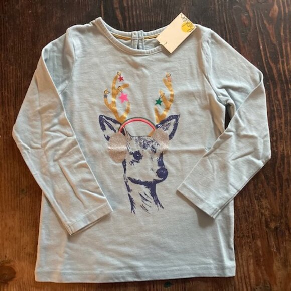 Mini Boden festive sparkle deer tee - blue sz 5-6 - Picture 2 of 4